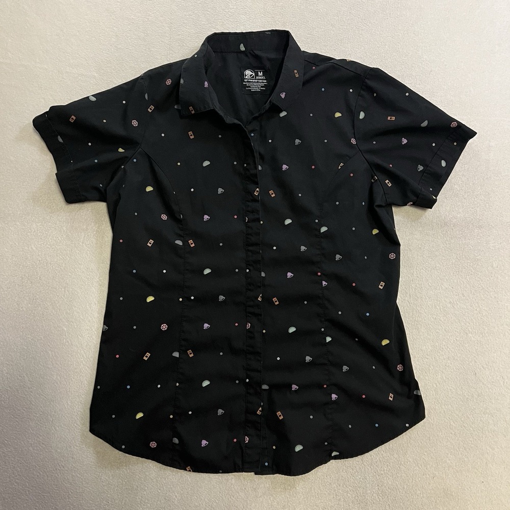Taco Bell Shirt Women's Size Medium Button Up Short Sleeve All Over Print
